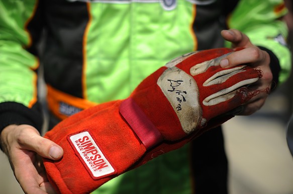 James Hinchcliffe with Greg Moore\'s gloves 2012 James Hinchcliffe with Greg Moore\'s gloves 2012