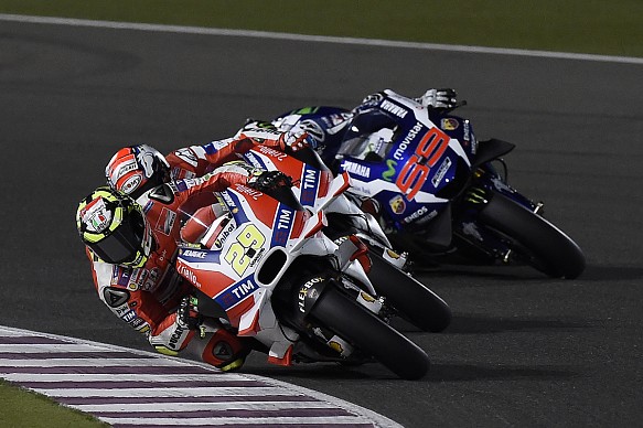 Andrea Iannone and Andrea Dovizioso, Ducati, Jorge Lorenzo, Yamaha, Qatar MotoGP 2016 Andrea Iannone and Andrea Dovizioso, Ducati, Jorge Lorenzo, Yamaha, Qatar MotoGP 2016