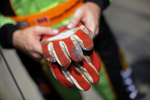James Hinchcliffe with Greg Moore\'s gloves 2012 James Hinchcliffe with Greg Moore\'s gloves 2012